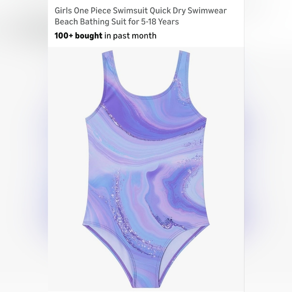 Girls Purple Marble One-Piece Swimsuit - Kids Swim - Picture 1 of 3